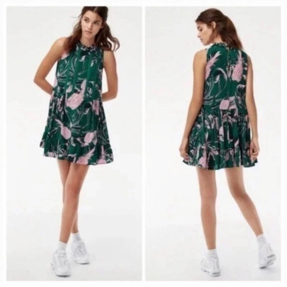 Aritzia Sunday Best Summer Mini Dress Green Pink Floral Print Women's Size Small